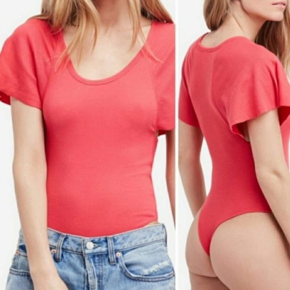 Free People Womens Ballet Romantic Flutter Sleeve Bodysuit S Raspberry Pink NEW